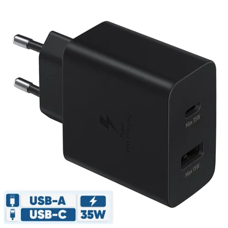 شارژر 35 وات سامسونگ مدل EP-TA220، دارای خروجی USB Type-C 3.2، امکان شارژ کردن سریع‌تر موبایل و تبلت با شدت‌ جریان 2.0 آمپر و بالاتر