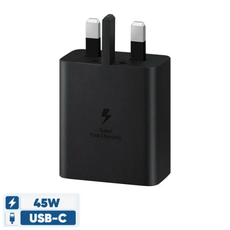 شارژر فست 45 وات سامسونگ مدل EP-T4510 به همراه کابل تبدیل USB-C، دارای خروجی USB Type-C 3.2، امکان شارژ کردن سریع‌تر موبایل و تبلت با شدت جریان 2.0 آمپر و بالاتر