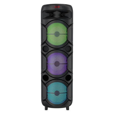 اسپیکر بلوتوثی سانرایز مدل Boom Box 500، مدت زمان پخش 2 ساعت، نسخه بلوتوث 5، منبع انرژی باتری و برق، همراه با میکروفون، ریموت کنترل، درگاه ارتباطی شامل USB، جک 3.5 میلی‌متری صدا، شیار کارت حافظه، دارای نورپردازی